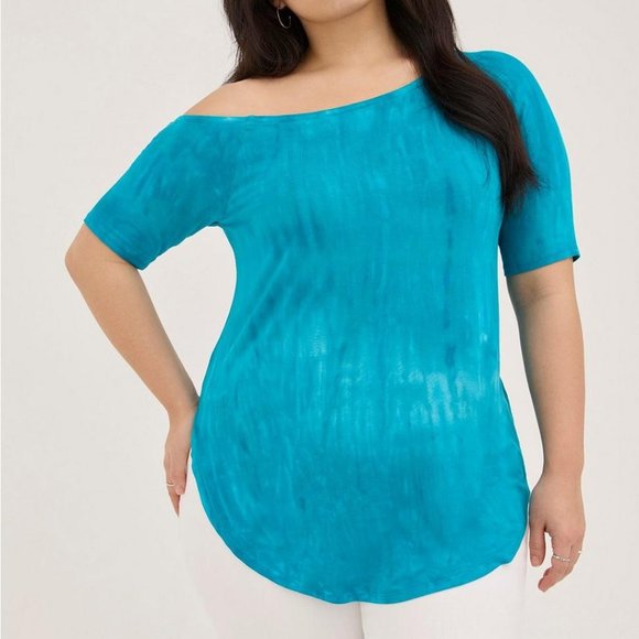 ❤️NWT VINTAGE TORRID TUNIC ATOMIC BLUE TIE DYE OFF-SHOULDER - SUPER SOFT TOP 1X - Picture 1 of 10